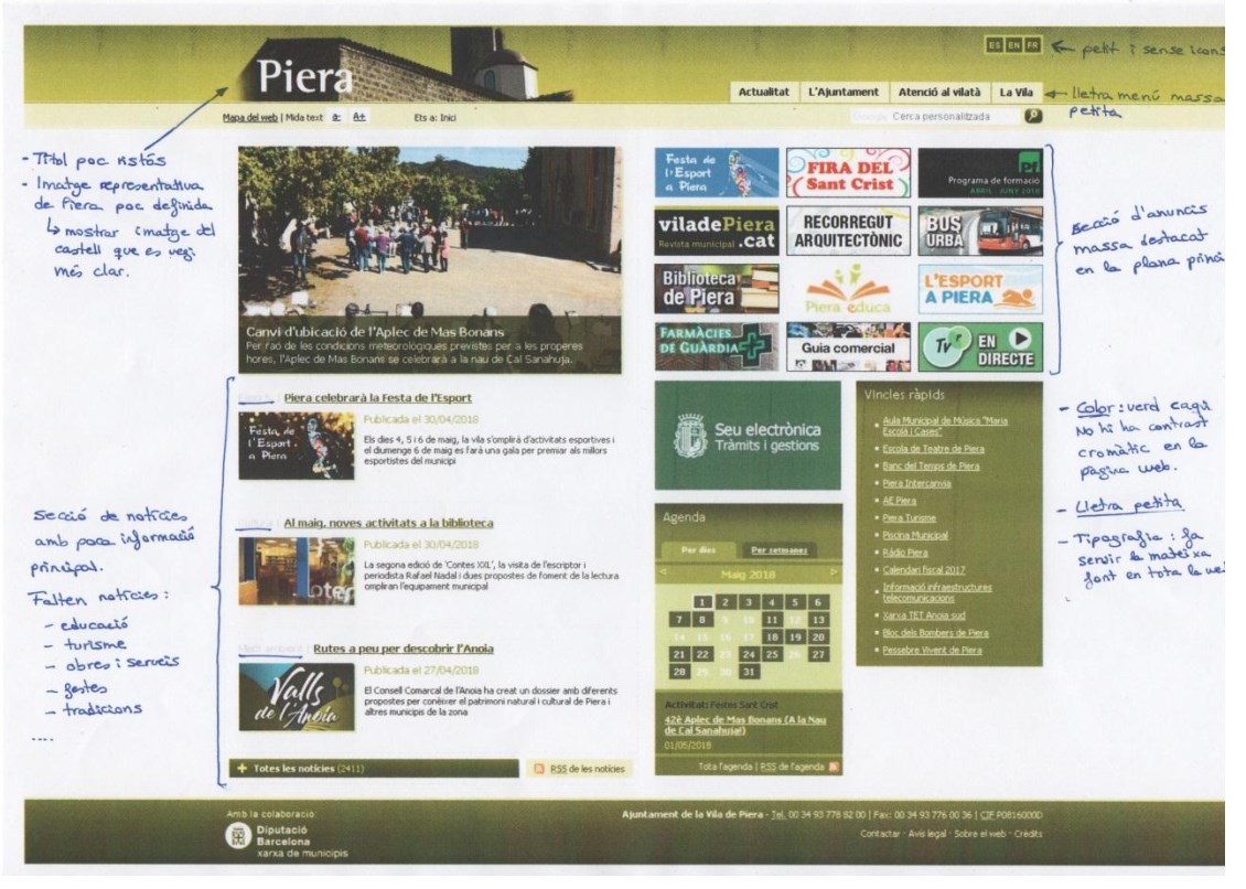 Analizamos primero la página web actual, para detectar las ventajas y los puntos de dolor del diseño actual. Posteriormente se hará una propuesta de rediseño y reestructuración de los apartados, con contraste y una tipografía correcta para una buena visualización.