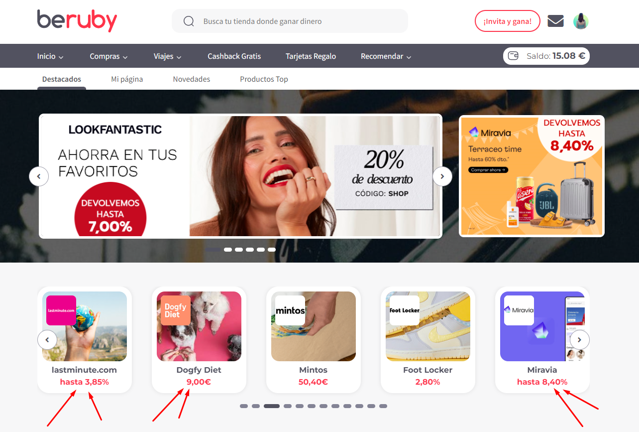 beruby.com es una plataforma donde podrás recibir un reembolso por tus compras o reservas en más de 700 tiendas (a través de las secciones de "Compras" o "Viajes") y por acceder a otras ofertas en Internet (a través de la sección "Ofertas").